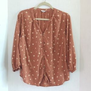 Sonoma Apricot Orange w  Cream Floral Peasant Top 3/4 Sleeves Size L